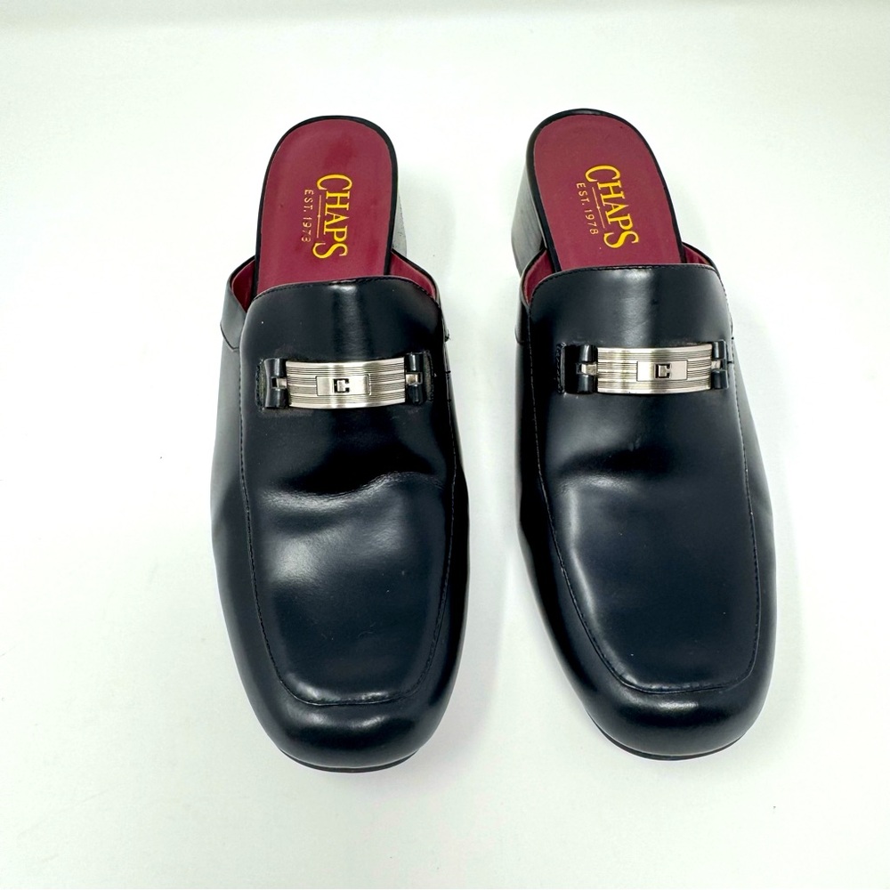 Vintage Chaps Leather Black Loafer‎ Slip On Metal Buckle Size 8.5 Chunky Heel